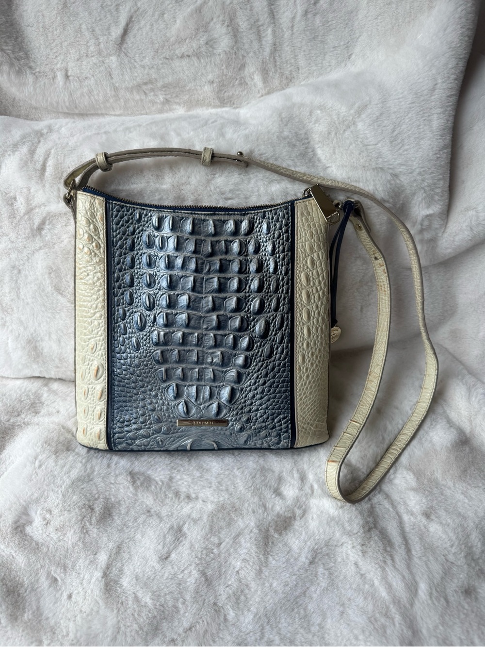 Brahmin Katie Croc-Embossed Leather Crossbody in Black and Cream - Picture 2 of 7